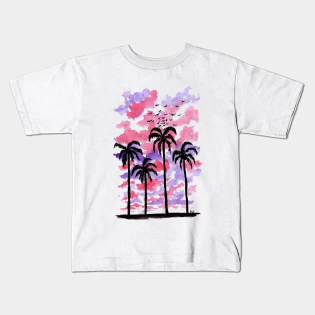 Pastel Clouds Coconut Trees Gouache Painting Kids T-Shirt by Celestial Hue